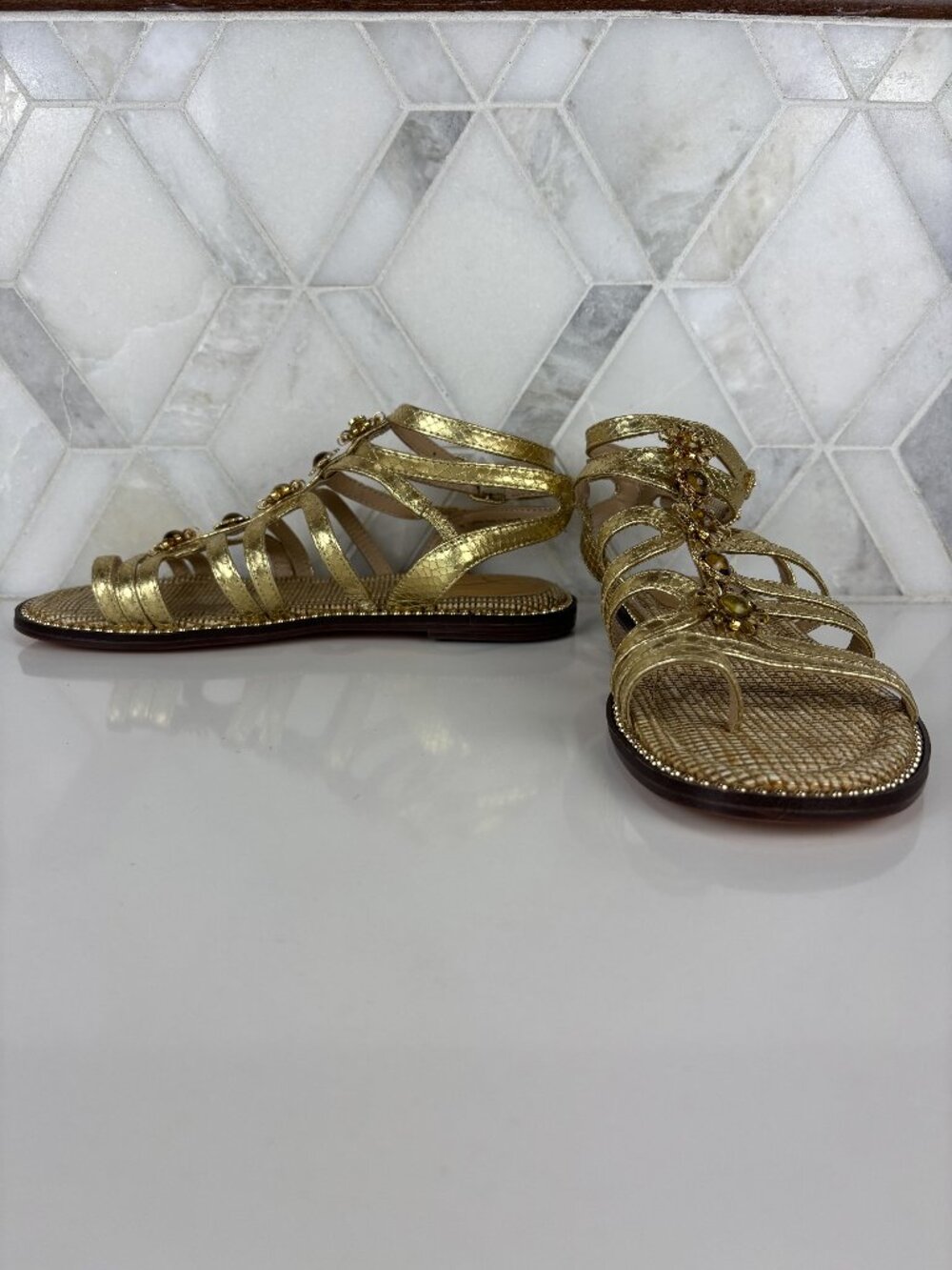 7 Sam Edelman Tianna Gladiator Sandal Fisherman Gold Metallic Flat Round Toe